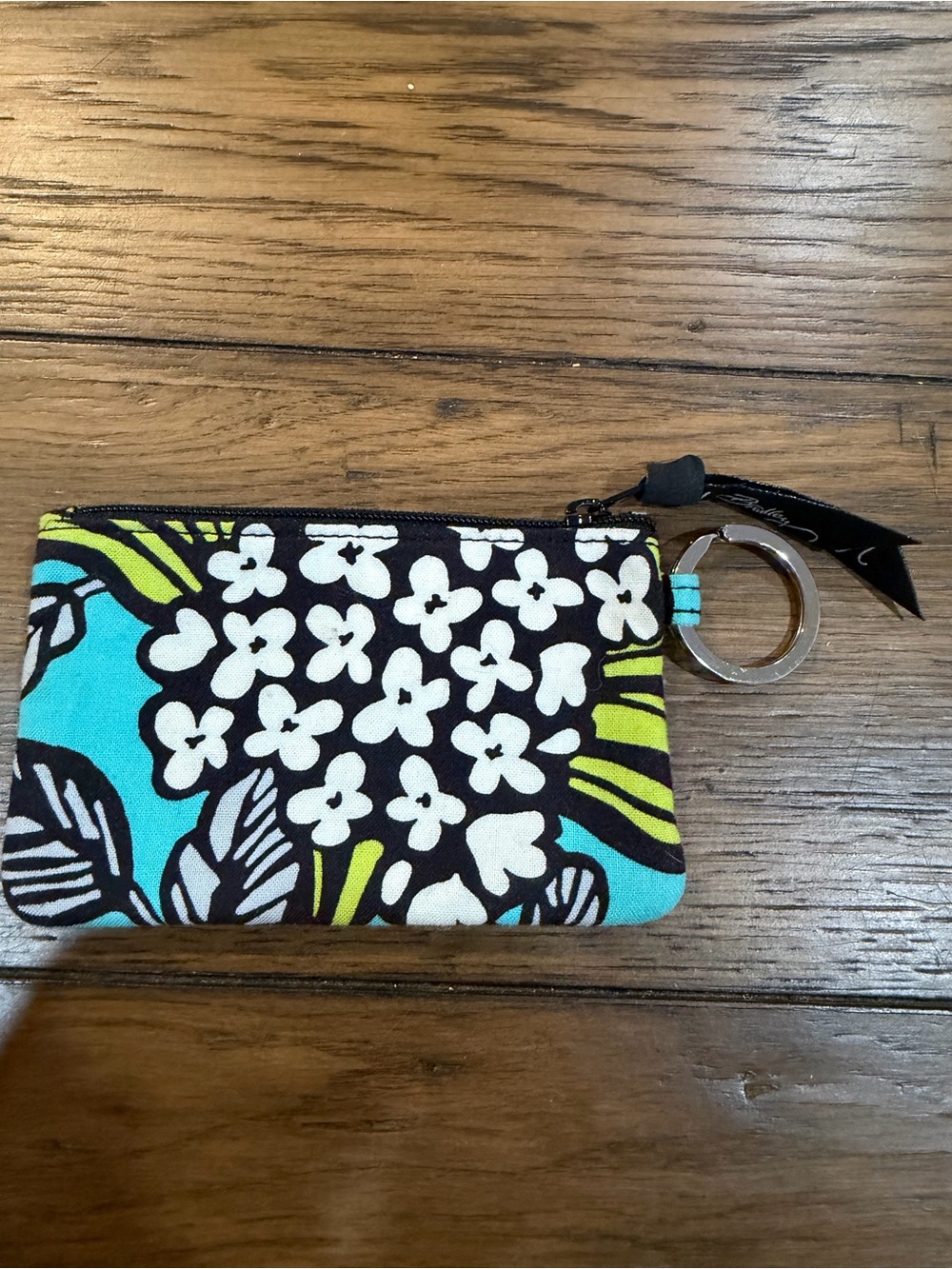 Vera Bradley Teal & Lime Patterned Zip ID Wristlet with Keyring - Picture 4 of 7
